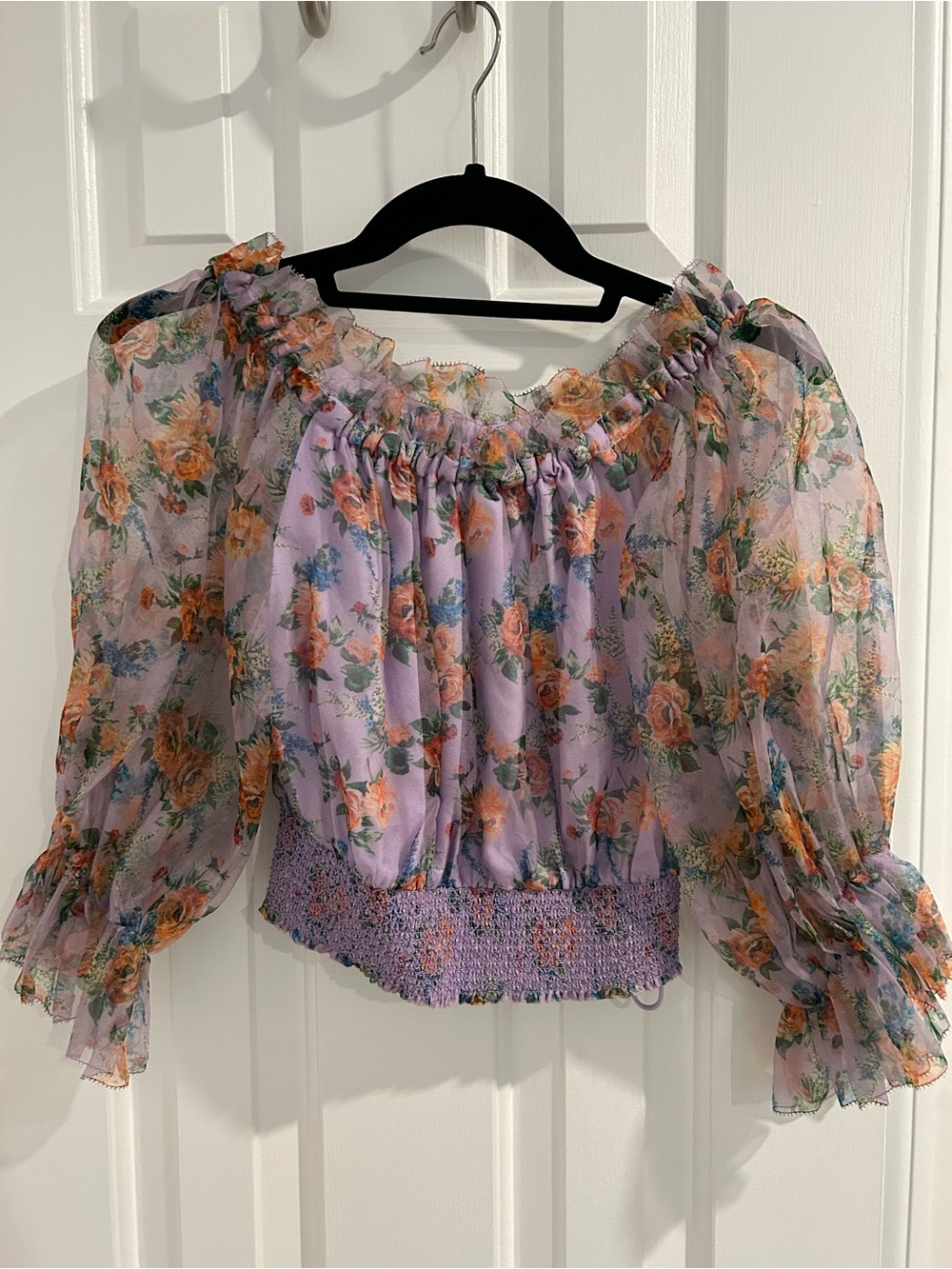 Alice + Olivia Floral Smocked Puff Sleeve Top XS NWT